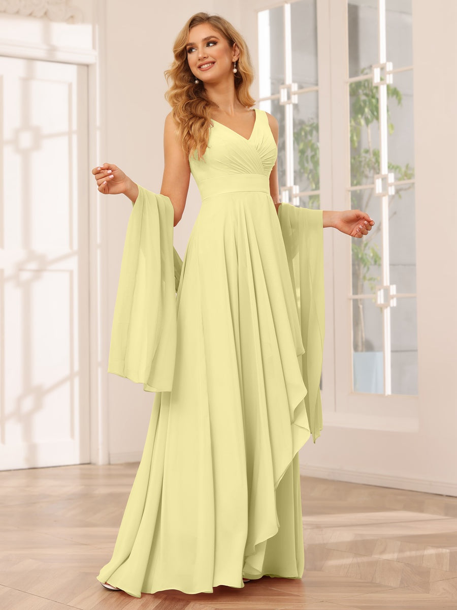 A-Line/Princess V-Neck Sleeveless Floor-Length Asymmetrical Bridesmaid Dresses with Ruffles Champagne