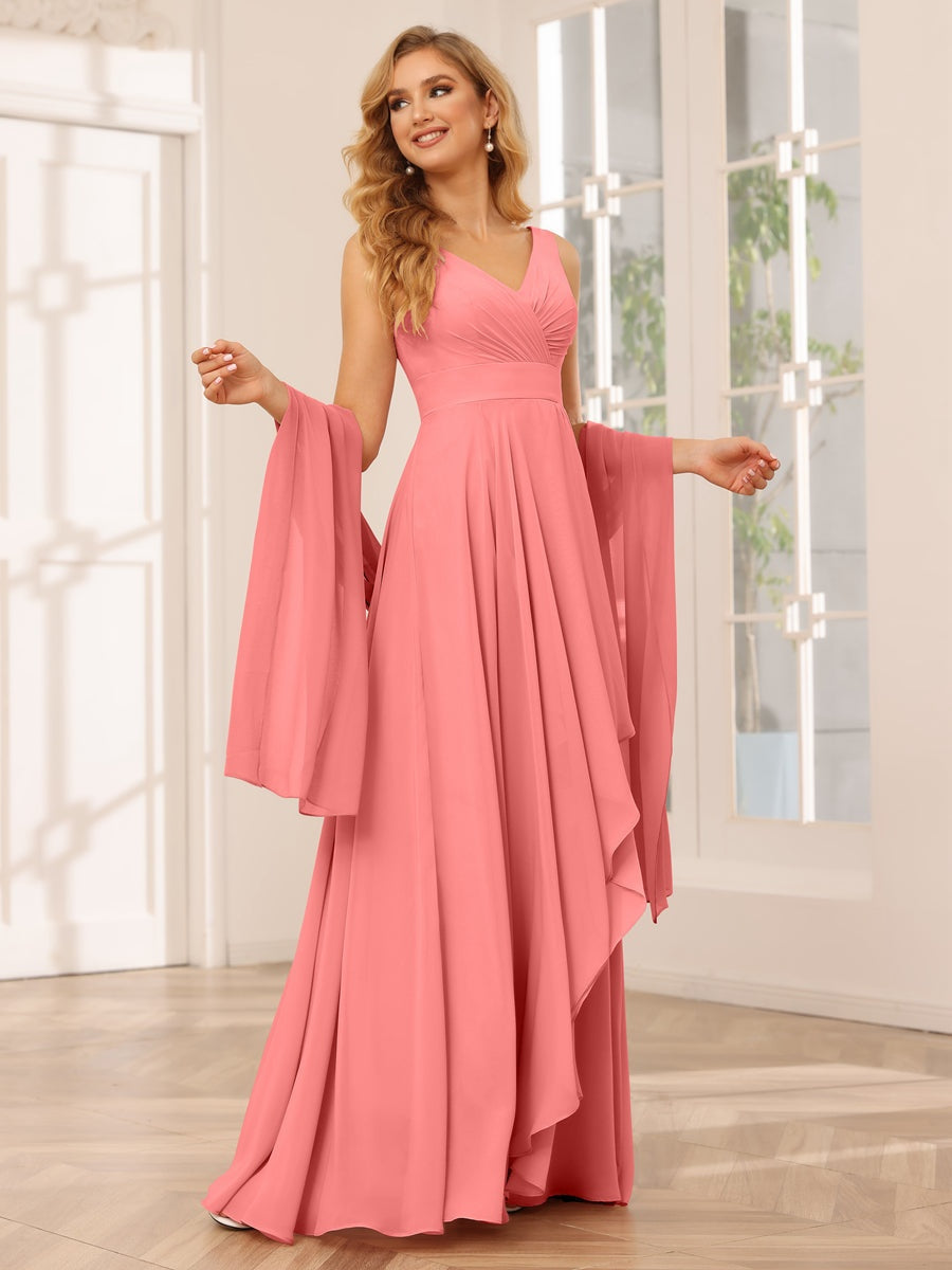 A-Line/Princess V-Neck Sleeveless Floor-Length Asymmetrical Bridesmaid Dresses with Ruffles