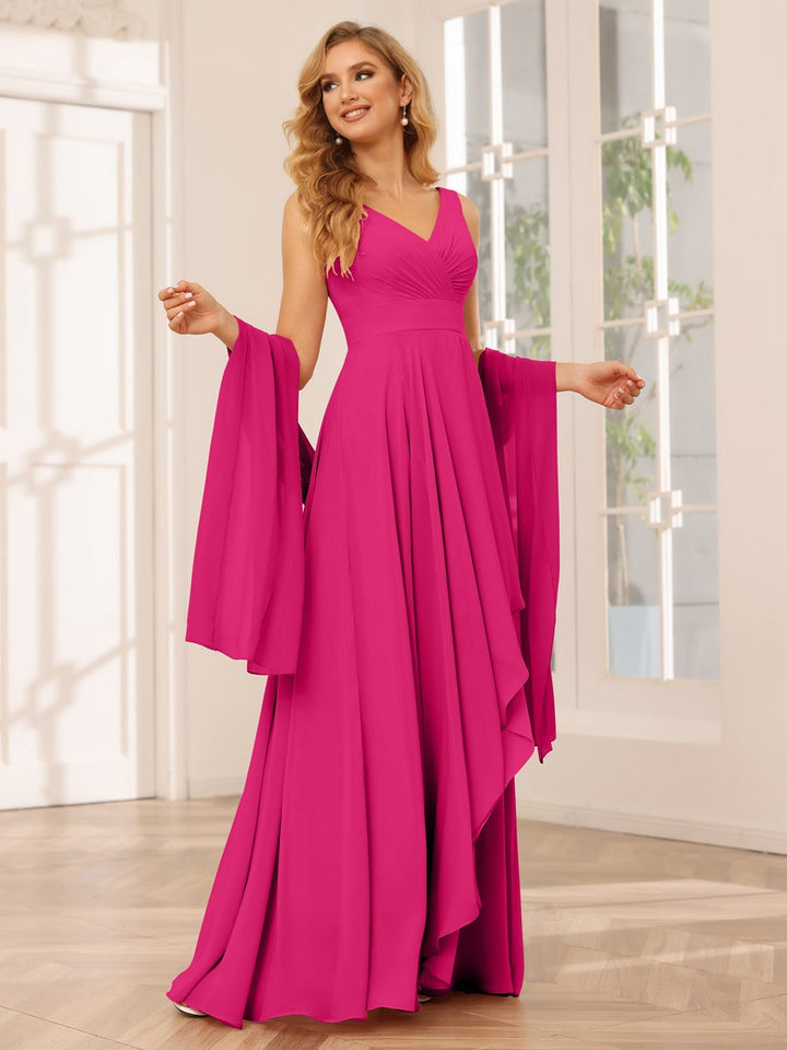 A-Line/Princess V-Neck Sleeveless Floor-Length Asymmetrical Bridesmaid Dresses with Ruffles