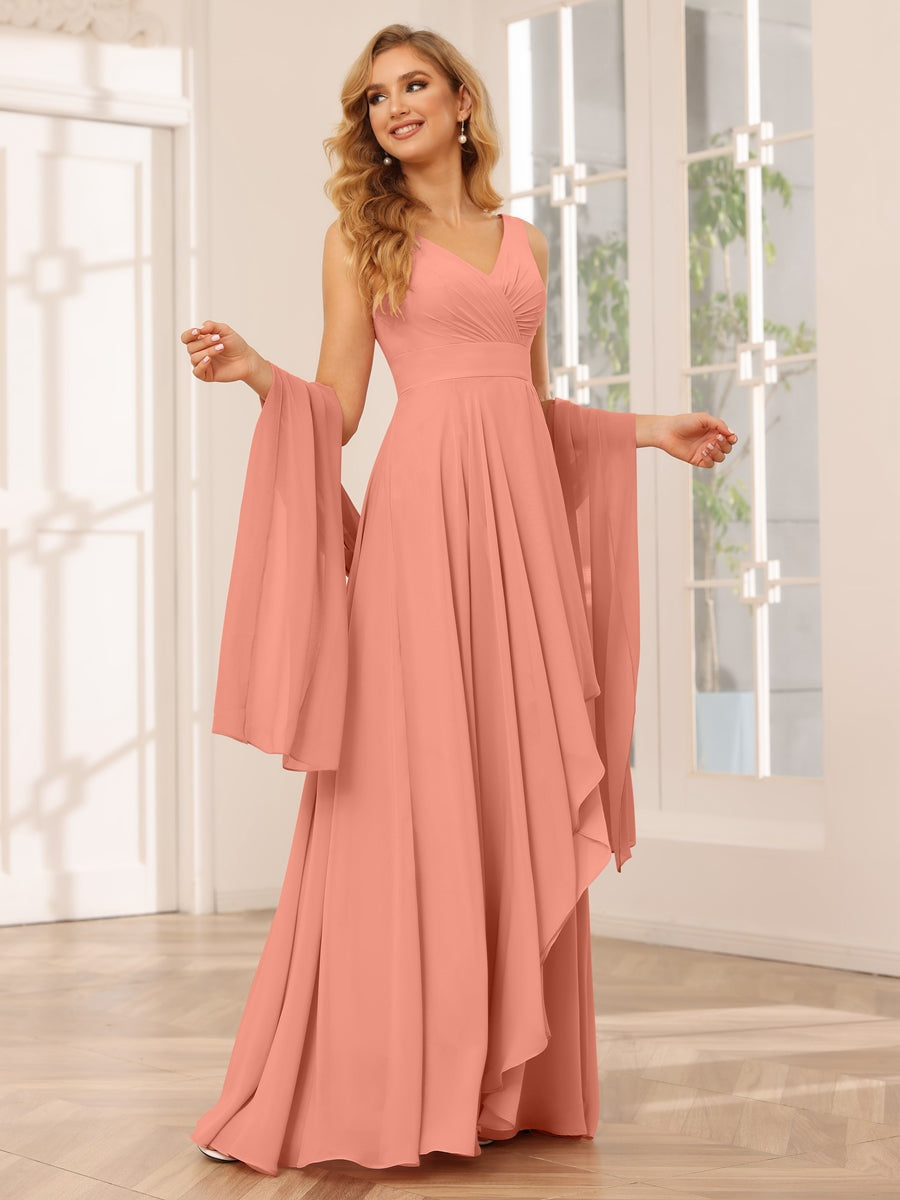 A-Line/Princess V-Neck Sleeveless Floor-Length Asymmetrical Bridesmaid Dresses with Ruffles