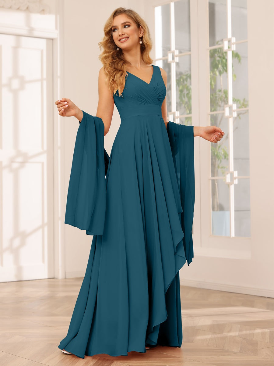 A-Line/Princess V-Neck Sleeveless Floor-Length Asymmetrical Bridesmaid Dresses with Ruffles