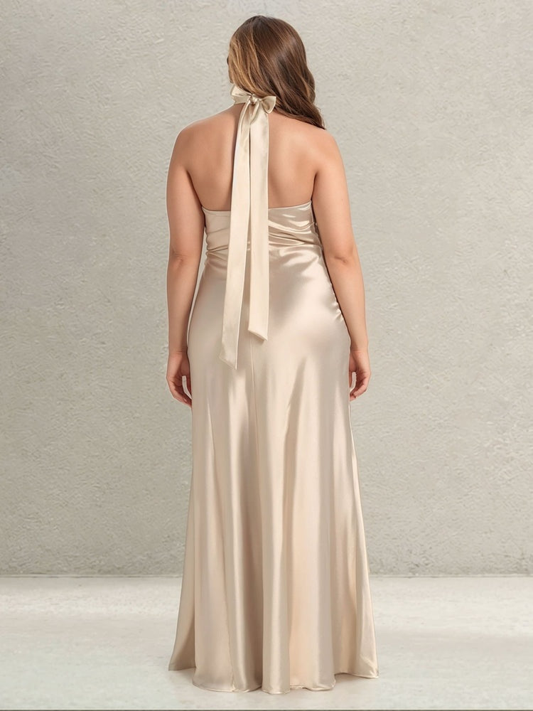 Sheath/Column Halter Sleeveless Floor-Length Plus Size Bridesmaid Dresses with Split Side