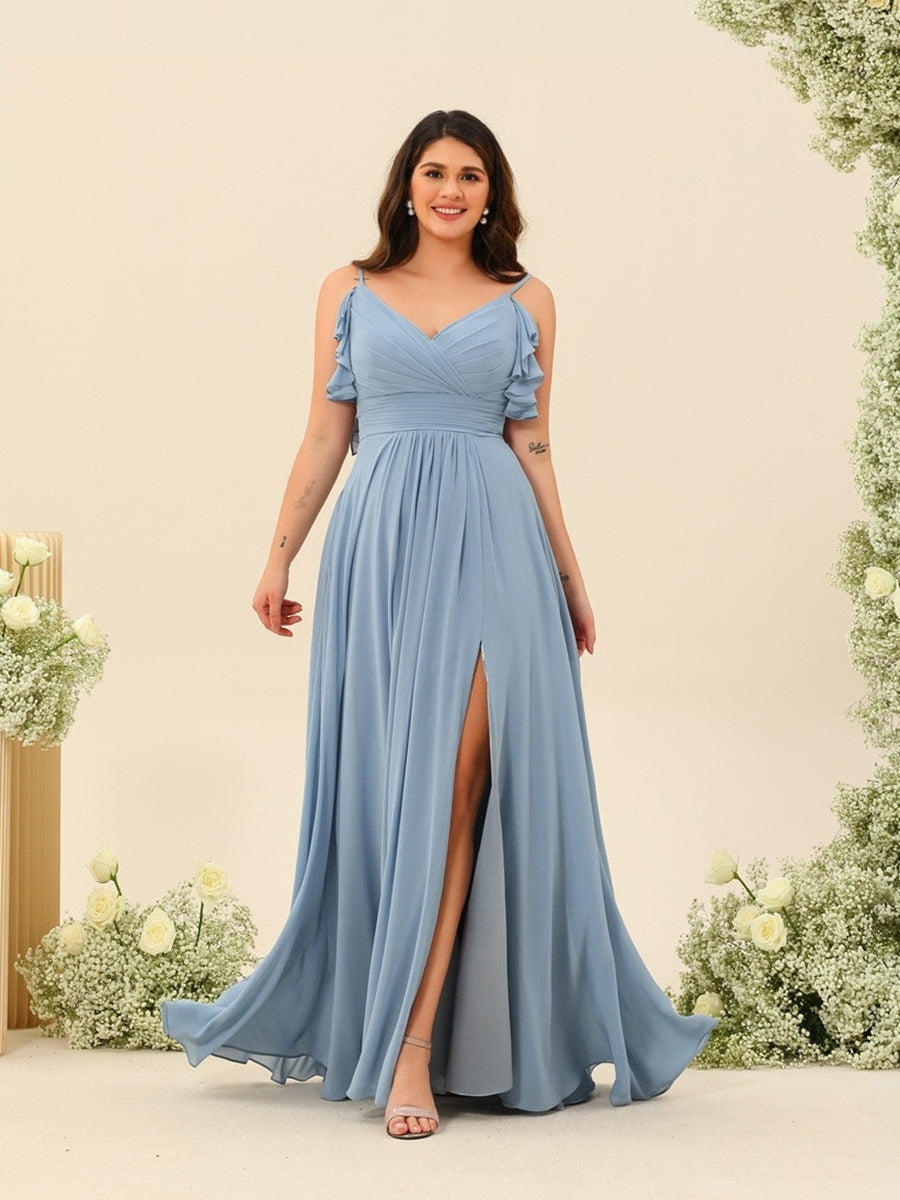 Dusty Blue Bridesmaid Dresses Plus Size A-Line V-Neck Spaghetti Straps Sleeveless Long Formal Wedding Guest Gowns with Split Side, Dusty Blue