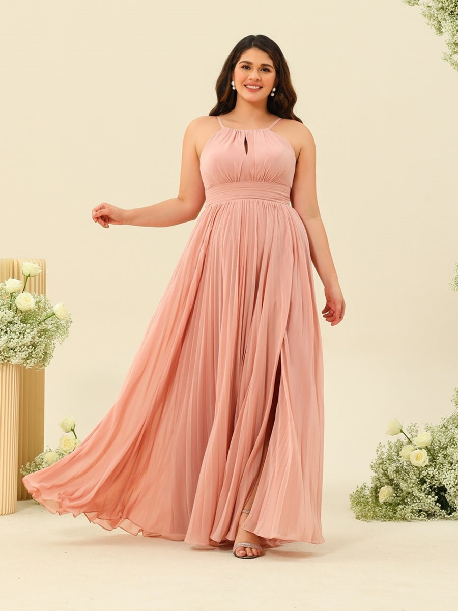 Plus Size Bridesmaid Dresses 2026 Dusty Rose A-Line Halter Scoop Neck Sleeveless Long Formal Evening Gowns with Split Side & Pleats, Dusty Rose