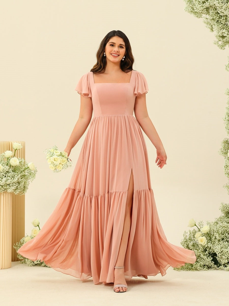 Peach Pink Bridesmaid Dresses A-Line Square Neck Flutter Sleeves Long Plus Size Formal Wedding Guest Gowns with Split Side & Ruffles, Peach Pink