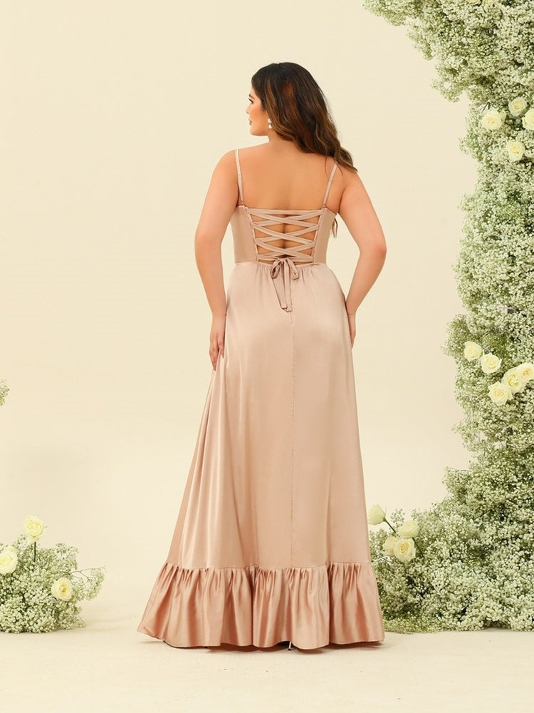 A-Line/Princess Spaghetti Straps Lace-Up Split Side Plus Size Bridesmaid Dresses