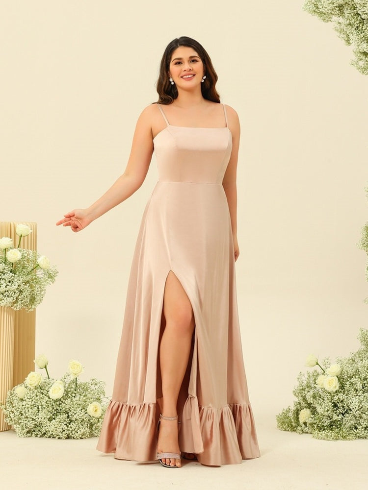 A-Line/Princess Spaghetti Straps Lace-Up Split Side Plus Size Bridesmaid Dresses