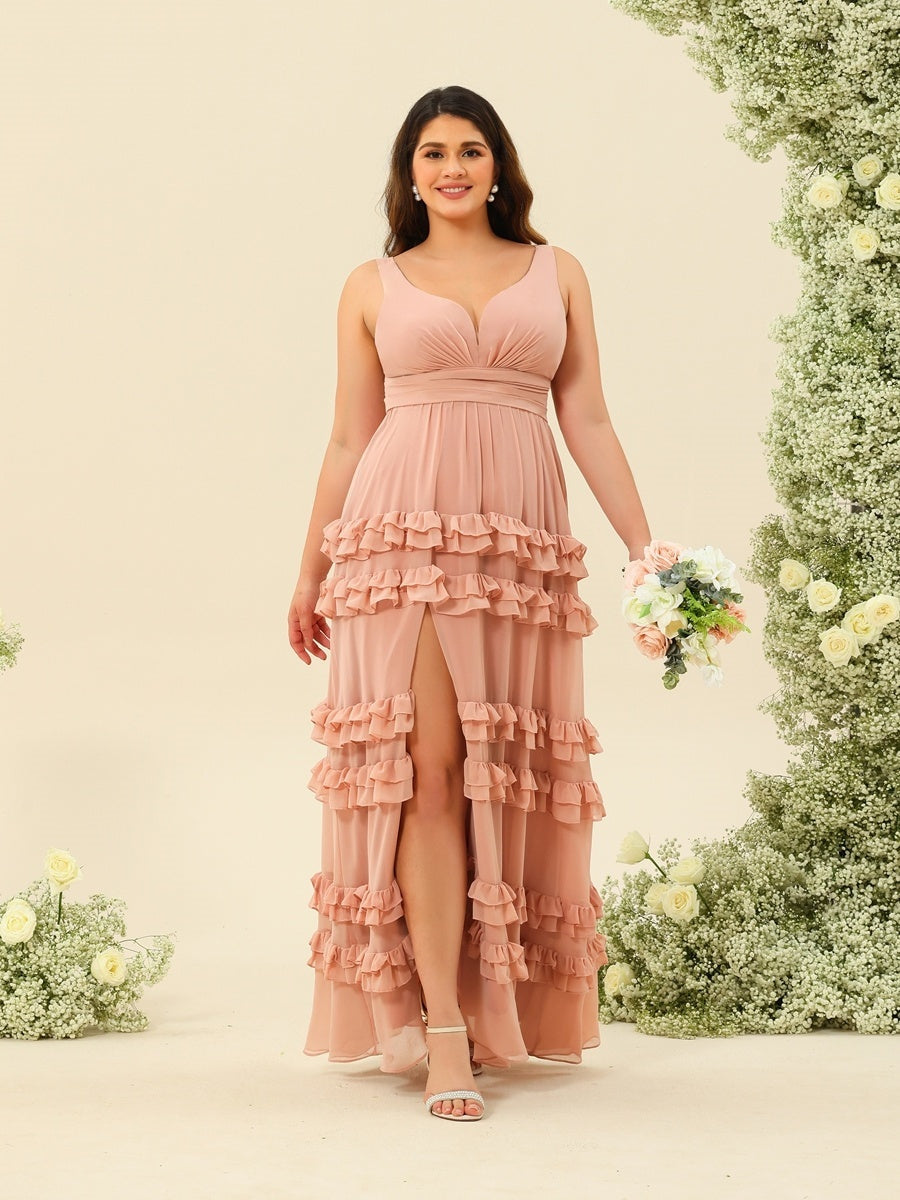 Peach Pink Bridesmaid Dresses Plus Size 2026 Ruffles A-Line V-Neck Sleeveless Long Chiffon Formal Wedding Guest Gowns with Split Side, Peach Pink Peach Pink Bridesmaid Dresses Plus Size 2026 Ruffles A-Line V-Neck Sleeveless Long Chiffon Formal Wedding Guest Gowns with Split Side, Peach Pink