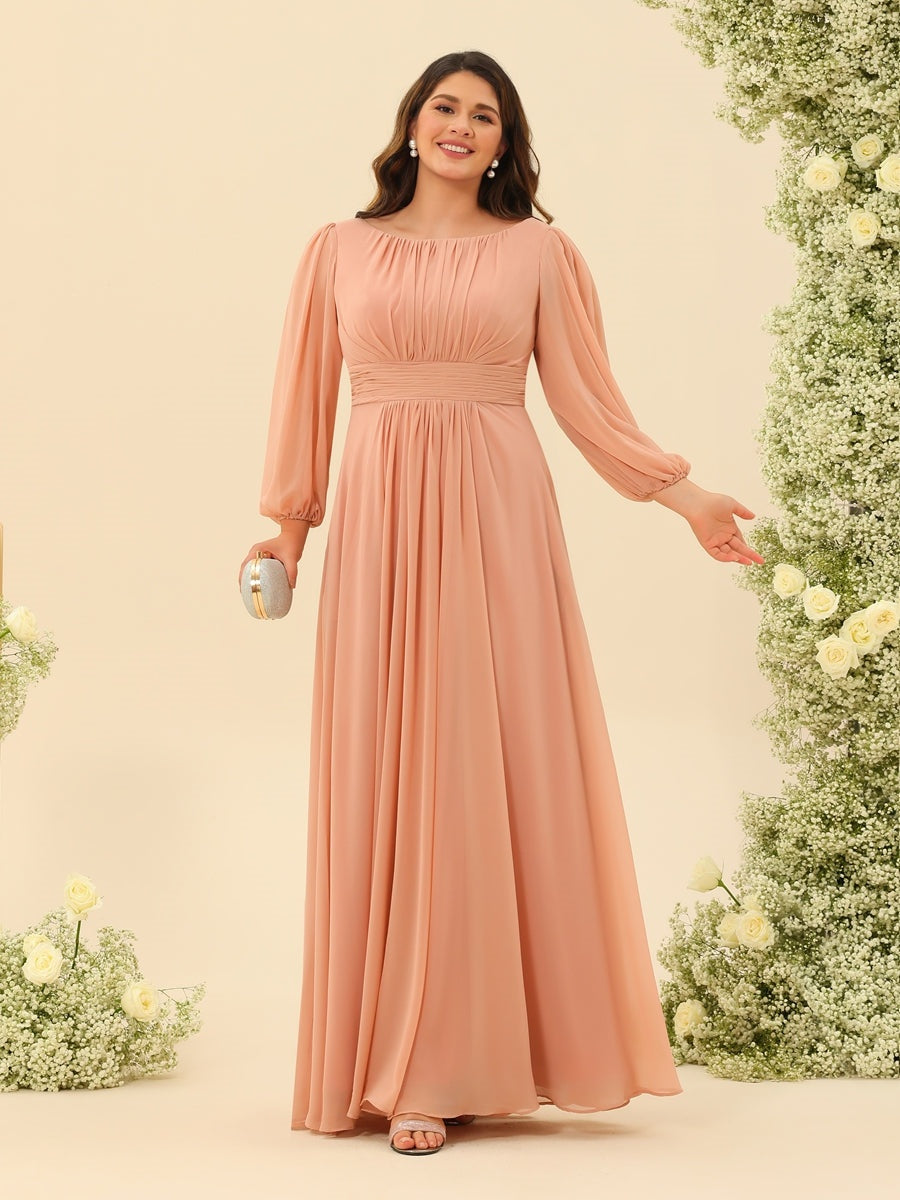 Plus Size Bridesmaid Dresses 2026 Peach Pink Chiffon A-Line Scoop Neck Long Sleeves Floor-Length Formal Wedding Guest Gowns, Peach Pink