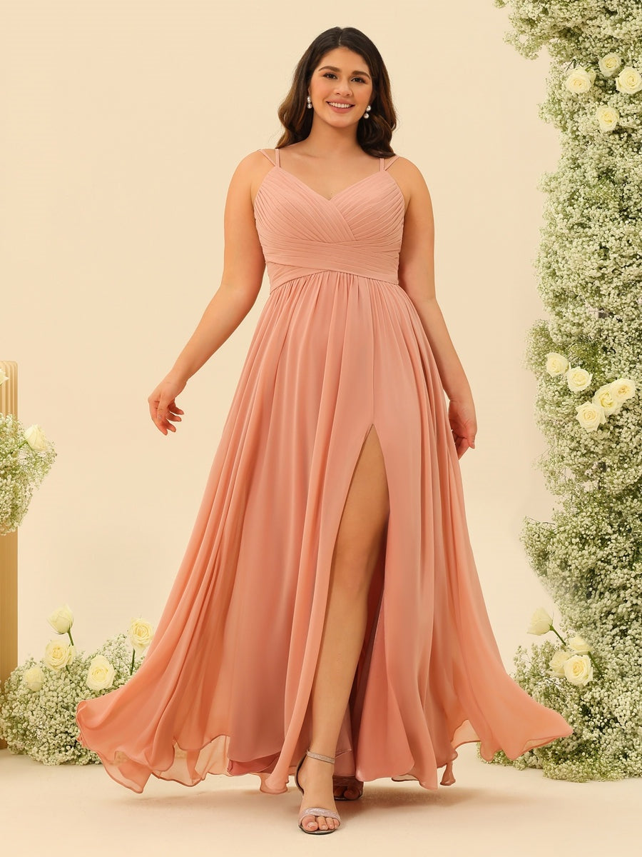 Peach Pink Bridesmaid Dresses Plus Size A-Line V-Neck Spaghetti Straps Sleeveless Long Chiffon Formal Evening Gowns with Split Side, Peach Pink