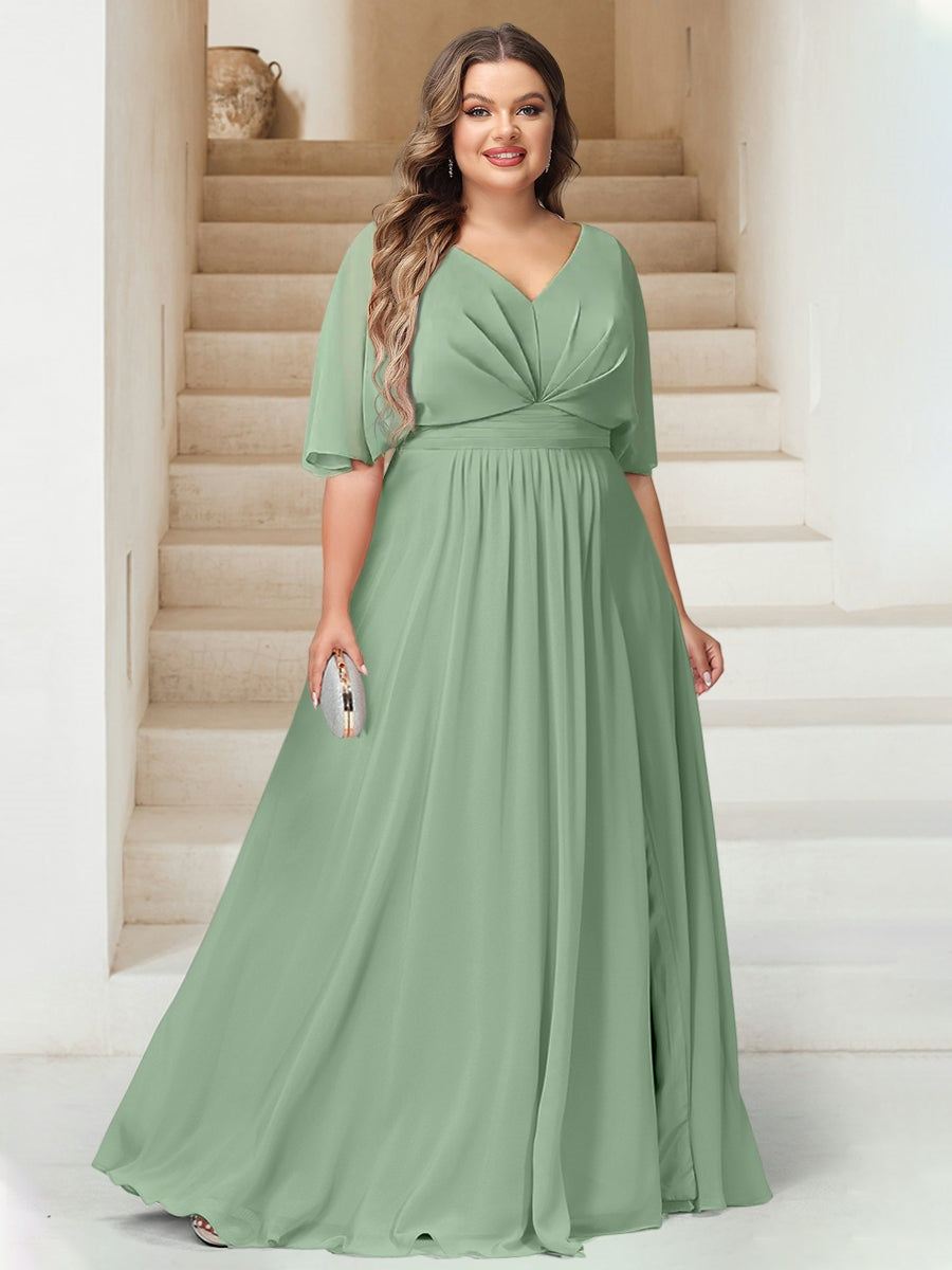 Sage Plus Size Bridesmaid Dresses Elegant Women's A-Line V-Neck Half Sleeves Floor-Length Chiffon Formal Wedding Guest Gowns, Sage