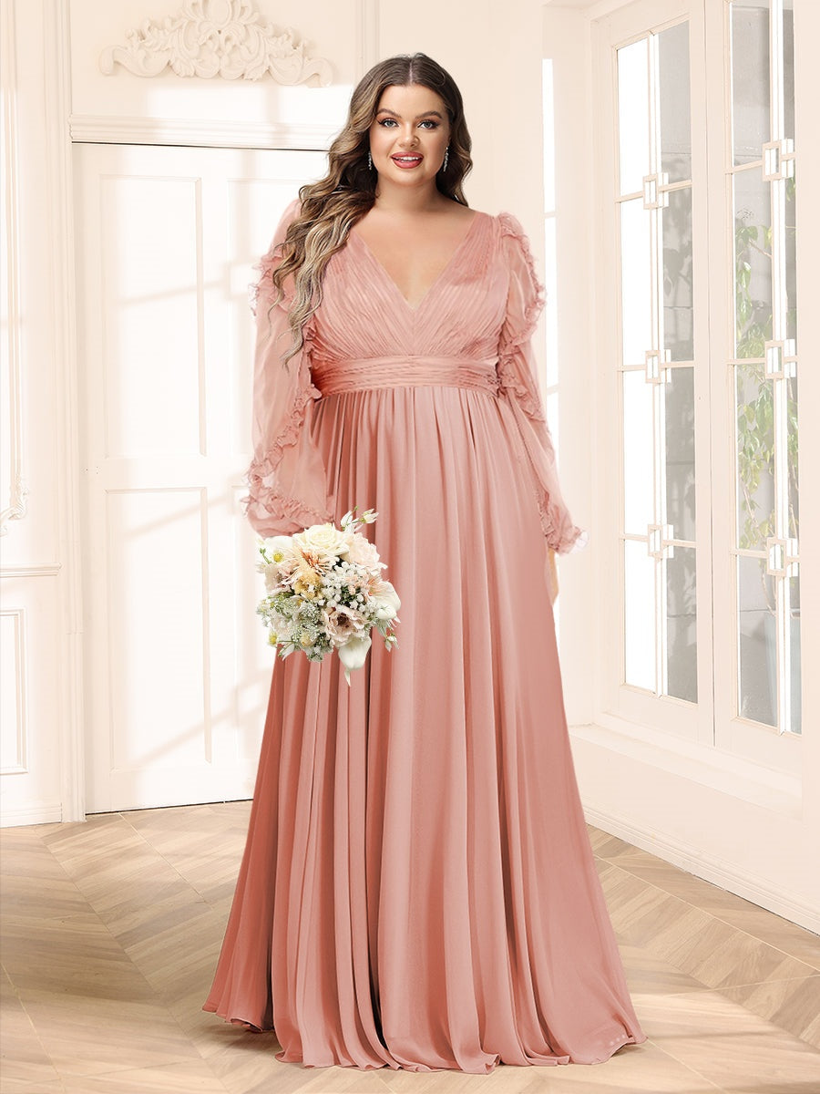 A-Line/Princess V-Neck Long Sleeves Chiffon Empire Plus Size Bridesmaid Dresses