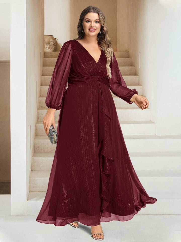 A-Line/Princess V-Neck Ankle-Length Long Sleeves Plus Size Bridesmaid Dresses