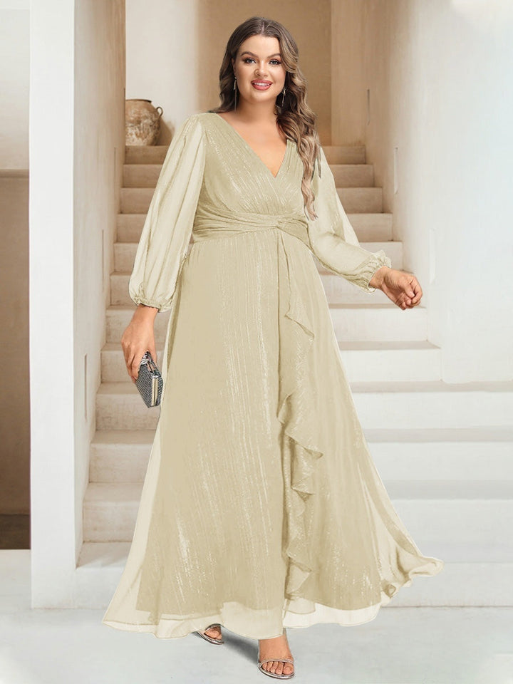 A-Line/Princess V-Neck Ankle-Length Long Sleeves Plus Size Bridesmaid Dresses