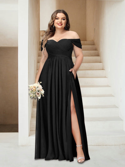 Trumpet/Mermaid Spaghetti Straps Sleeveless Floor-Length Chiffon Plus Size Bridesmaid Dresses with Split Side & Watteau Train main image 1