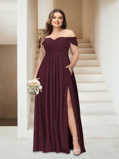 Trumpet/Mermaid Spaghetti Straps Sleeveless Floor-Length Chiffon Plus Size Bridesmaid Dresses with Split Side & Watteau Train main image 0