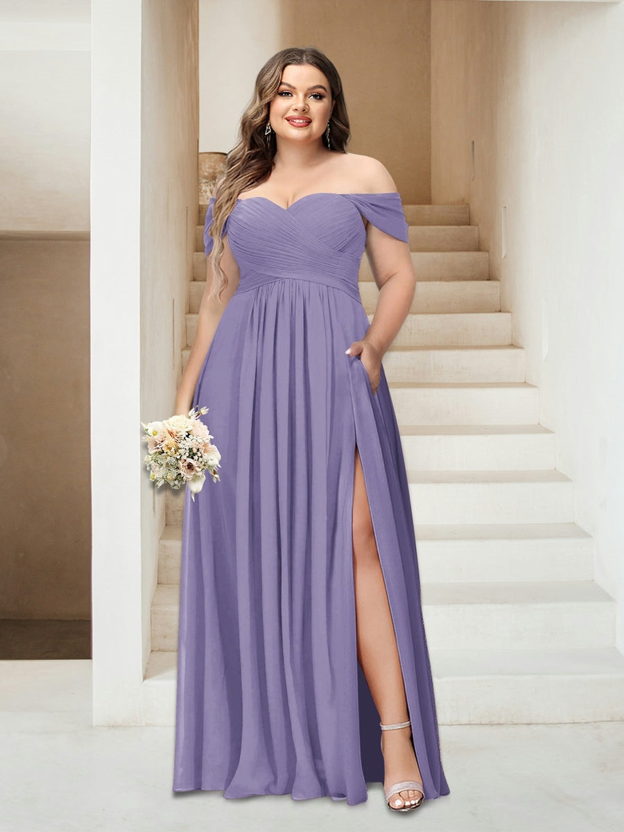 A-Line/Princess Off-the-Shoulder Sleeveless Chiffon Plus Size Bridesmaid Dresses with Pockets