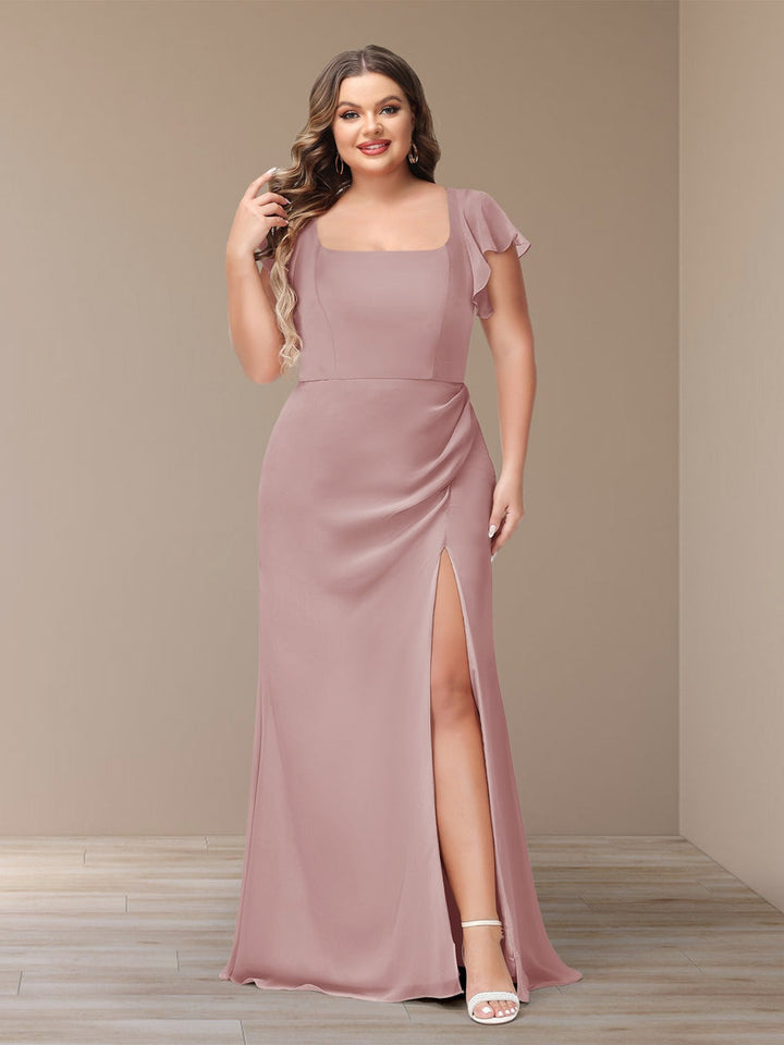 Sheath/Column Short Sleeves Chiffon Plus Size Bridesmaid Dresses with Split Side