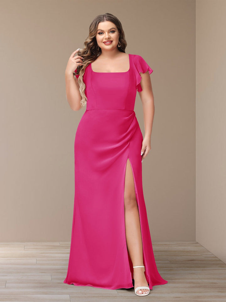 Sheath/Column Short Sleeves Chiffon Plus Size Bridesmaid Dresses with Split Side