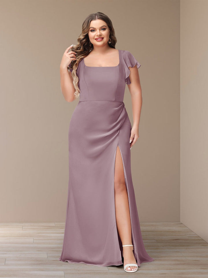 Sheath/Column Short Sleeves Chiffon Plus Size Bridesmaid Dresses with Split Side