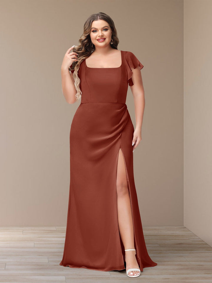 Sheath/Column Short Sleeves Chiffon Plus Size Bridesmaid Dresses with Split Side