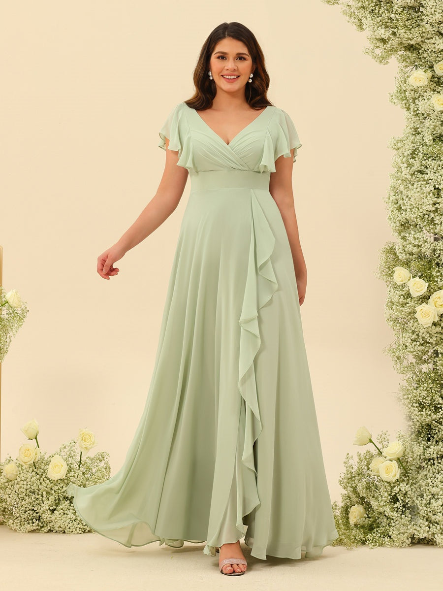 Sage Plus Size Bridesmaid Dresses 2026 A-Line V-Neck Short Sleeves Floor-Length Chiffon Formal Wedding Guest Gowns with Ruffles, Sage Sage Plus Size Bridesmaid Dresses 2026 A-Line V-Neck Short Sleeves Floor-Length Chiffon Formal Wedding Guest Gowns with Ruffles, Sage
