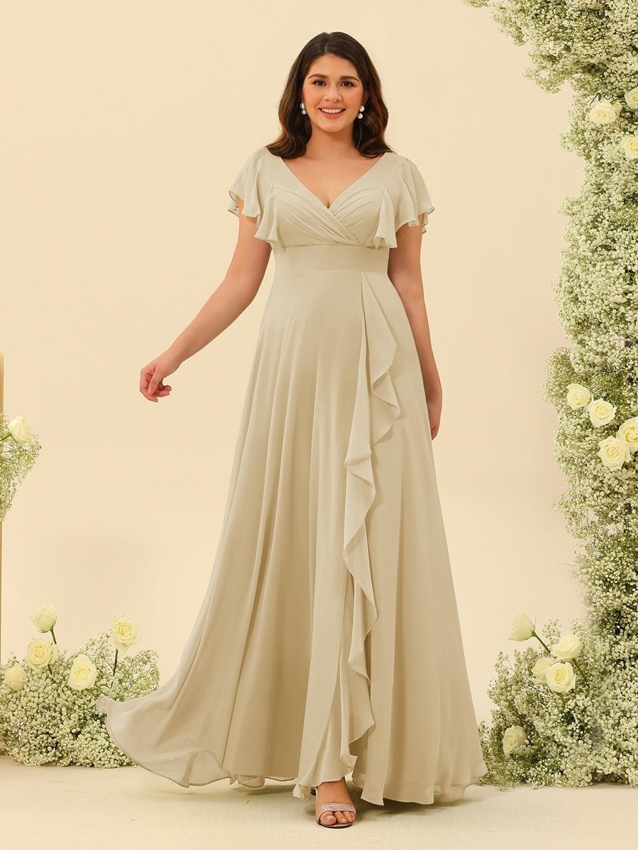 Sage Plus Size Bridesmaid Dresses 2026 A-Line V-Neck Short Sleeves Floor-Length Chiffon Formal Wedding Guest Gowns with Ruffles, Sage Sage Plus Size Bridesmaid Dresses 2026 A-Line V-Neck Short Sleeves Floor-Length Chiffon Formal Wedding Guest Gowns with Ruffles, Sage