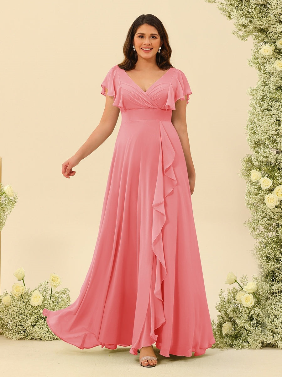 Sage Plus Size Bridesmaid Dresses 2026 A-Line V-Neck Short Sleeves Floor-Length Chiffon Formal Wedding Guest Gowns with Ruffles, Sage Sage Plus Size Bridesmaid Dresses 2026 A-Line V-Neck Short Sleeves Floor-Length Chiffon Formal Wedding Guest Gowns with Ruffles, Sage