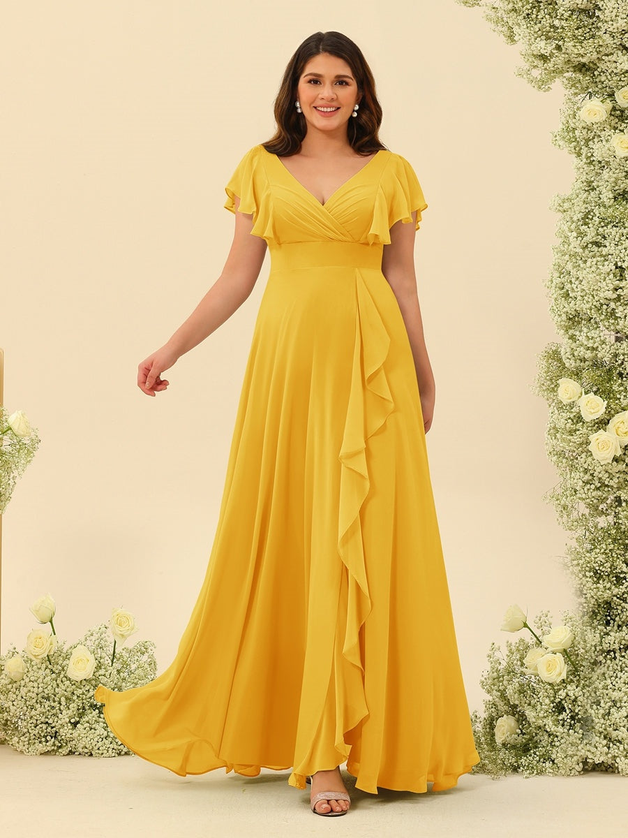 A-Line/Princess V-Neck Plus Size Bridesmaid Dresses with Ruffles - Mondressy A-Line/Princess V-Neck Plus Size Bridesmaid Dresses with Ruffles - Mondressy