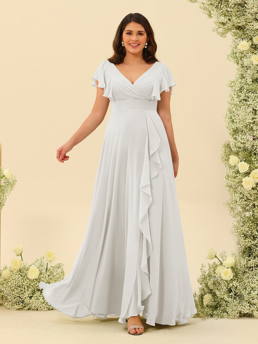 A-Line/Princess V-Neck Plus Size Bridesmaid Dresses with Ruffles - Mondressy A-Line/Princess V-Neck Plus Size Bridesmaid Dresses with Ruffles - Mondressy