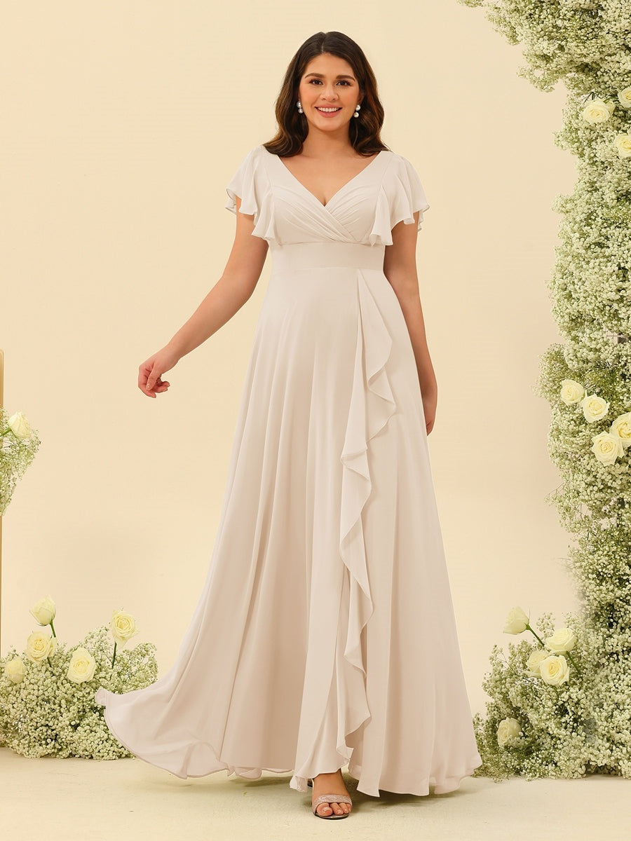 A-Line/Princess V-Neck Plus Size Bridesmaid Dresses with Ruffles - Mondressy A-Line/Princess V-Neck Plus Size Bridesmaid Dresses with Ruffles - Mondressy