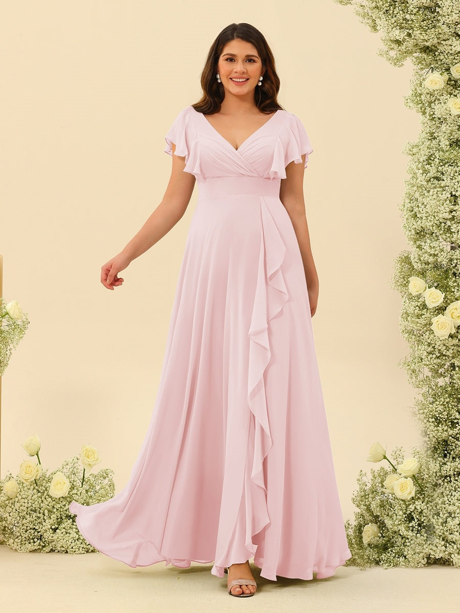 A-Line/Princess V-Neck Plus Size Bridesmaid Dresses with Ruffles Light Pink A-Line/Princess V-Neck Plus Size Bridesmaid Dresses with Ruffles Light Pink