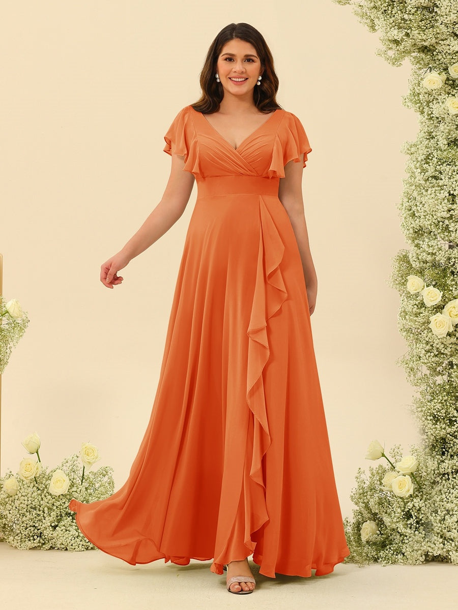 A-Line/Princess V-Neck Plus Size Bridesmaid Dresses with Ruffles Orange A-Line/Princess V-Neck Plus Size Bridesmaid Dresses with Ruffles Orange