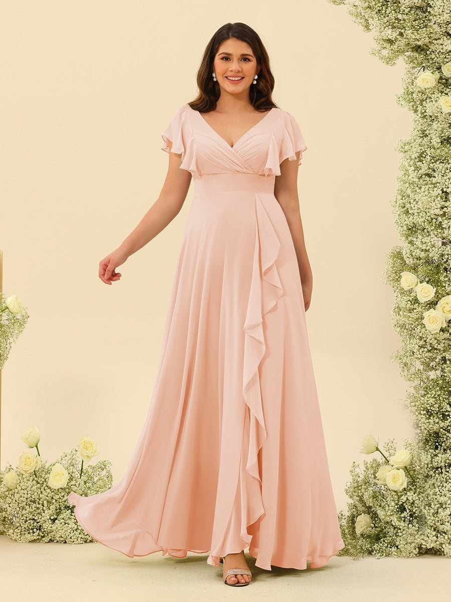 A-Line/Princess V-Neck Plus Size Bridesmaid Dresses with Ruffles Peach Pink A-Line/Princess V-Neck Plus Size Bridesmaid Dresses with Ruffles Peach Pink