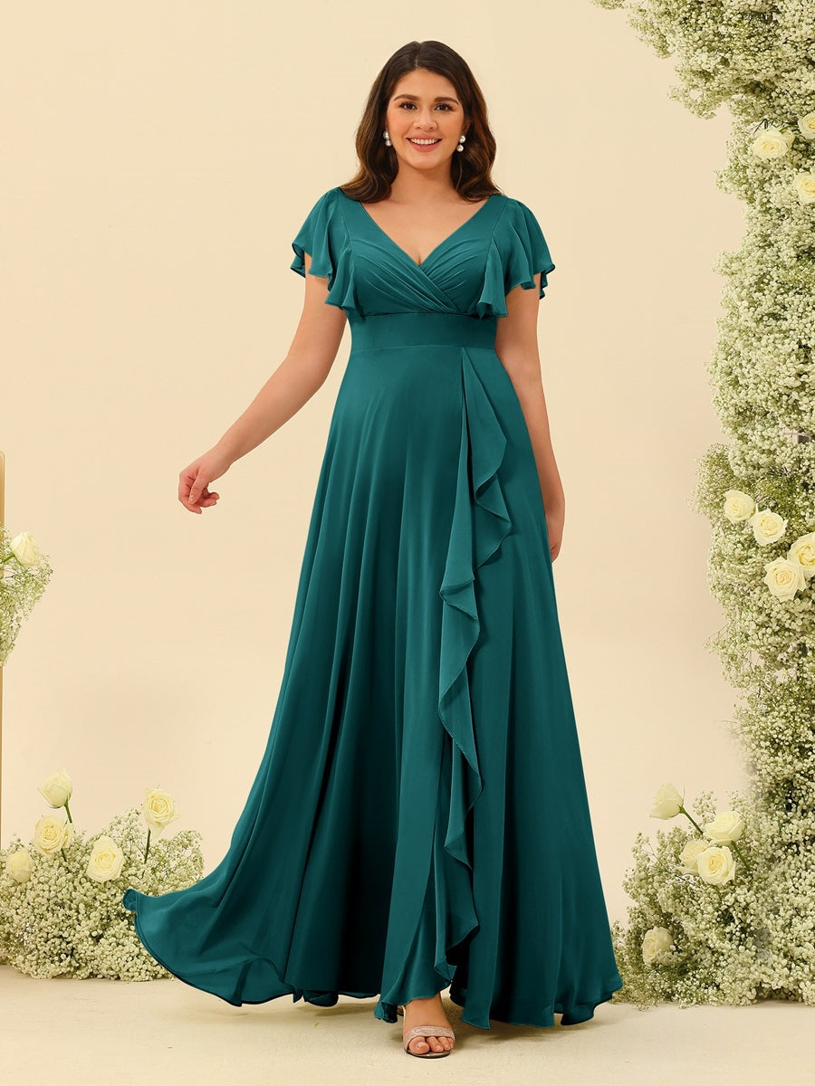 A-Line/Princess V-Neck Plus Size Bridesmaid Dresses with Ruffles