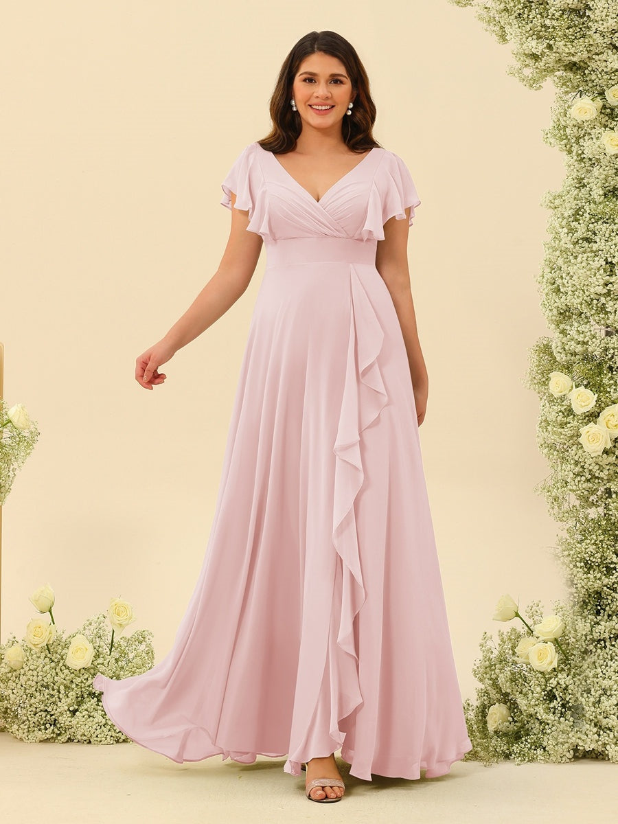 plus size pink bridesmaid dresses A-Line/Princess V-Neck Plus Size Bridesmaid Dresses with Ruffles Pearl Pink
