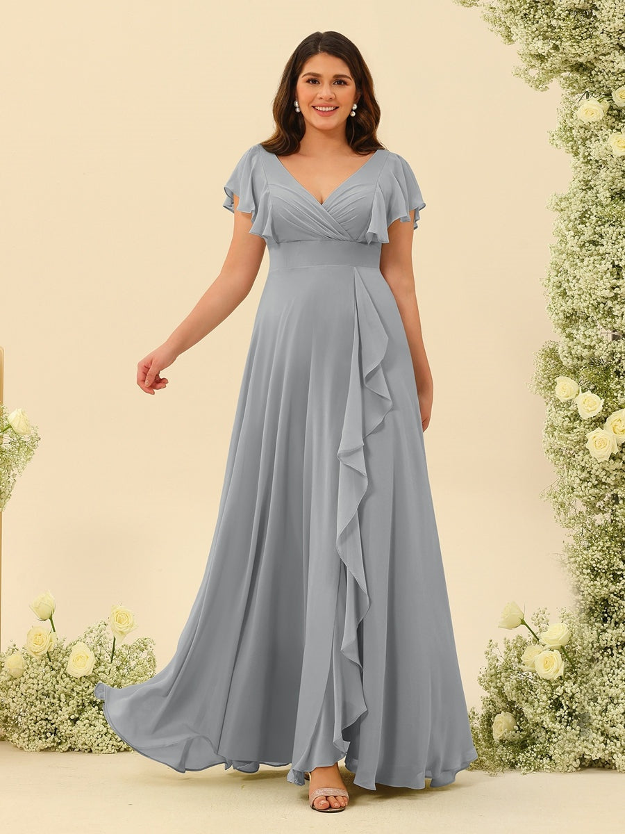 Sage Plus Size Bridesmaid Dresses 2026 A-Line V-Neck Short Sleeves Floor-Length Chiffon Formal Wedding Guest Gowns with Ruffles, Sage Sage Plus Size Bridesmaid Dresses 2026 A-Line V-Neck Short Sleeves Floor-Length Chiffon Formal Wedding Guest Gowns with Ruffles, Sage