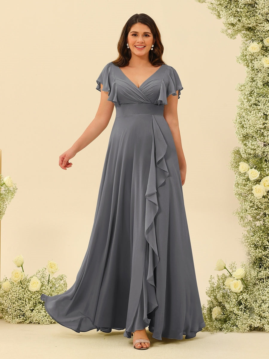 A-Line/Princess V-Neck Plus Size Bridesmaid Dresses with Ruffles Silver Gray A-Line/Princess V-Neck Plus Size Bridesmaid Dresses with Ruffles Silver Gray