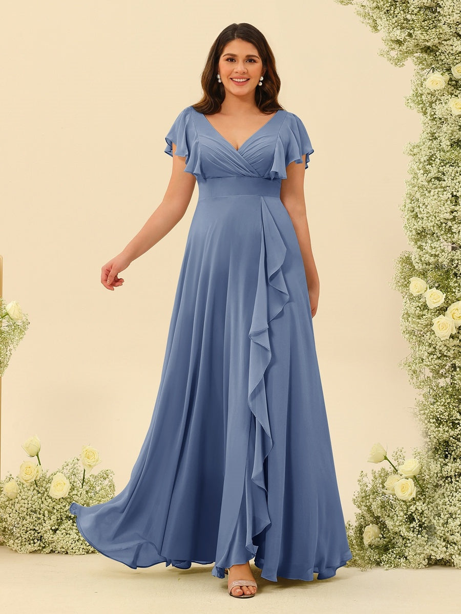 A-Line/Princess V-Neck Plus Size Bridesmaid Dresses with Ruffles