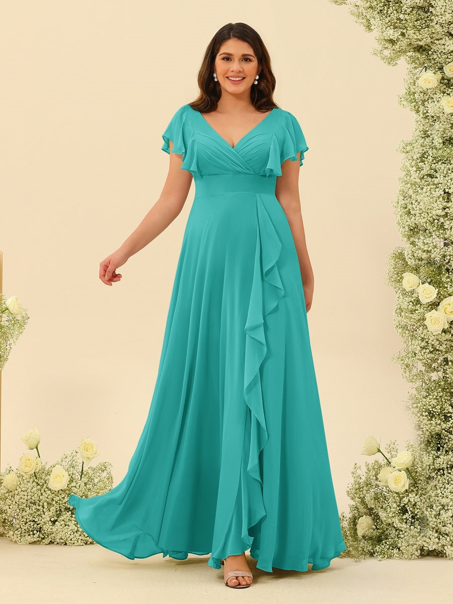 A-Line/Princess V-Neck Plus Size Bridesmaid Dresses with Ruffles Turquoise A-Line/Princess V-Neck Plus Size Bridesmaid Dresses with Ruffles Turquoise