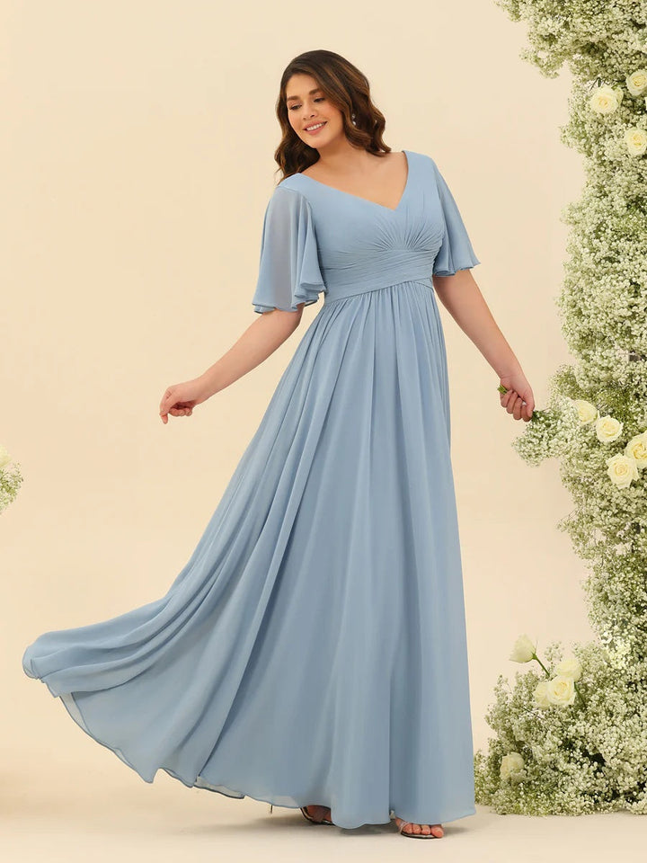 A-Line V-Neck Half Sleeves Plus Size Chiffon Bridesmaid Dresses With Split Side