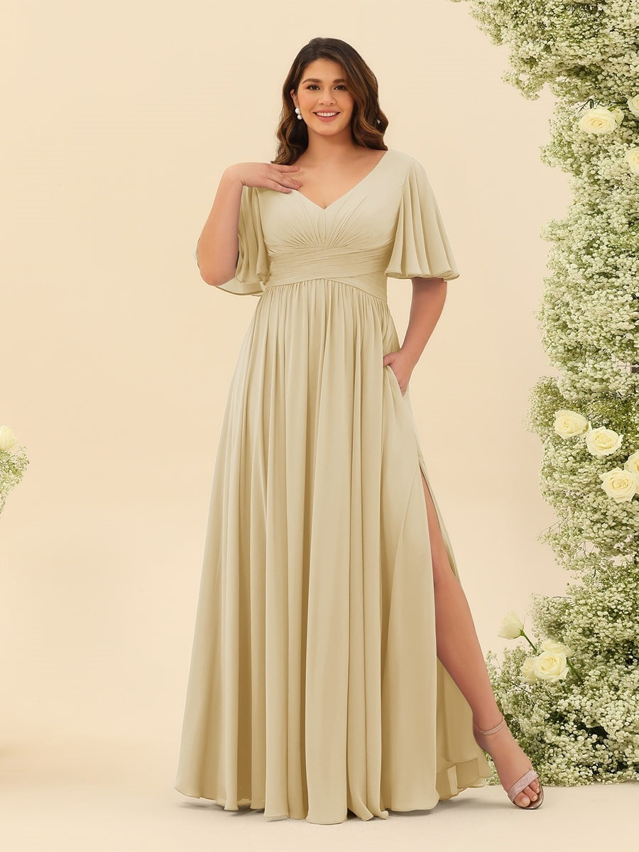 A-Line V-Neck Half Sleeves Plus Size Chiffon Bridesmaid Dresses With S - Mondressy A-Line V-Neck Half Sleeves Plus Size Chiffon Bridesmaid Dresses With S - Mondressy
