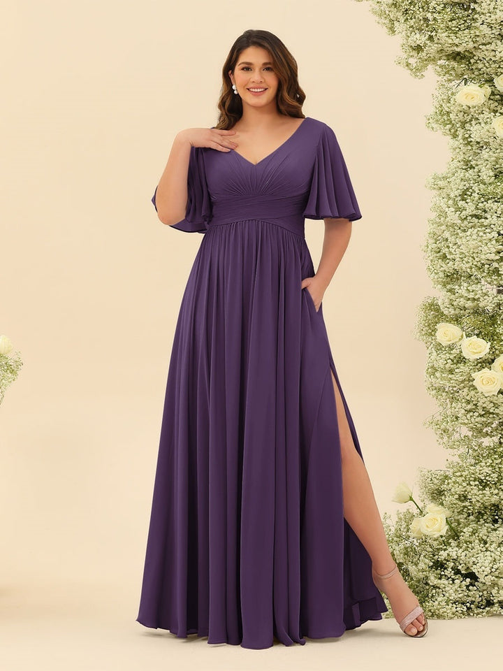 A-Line V-Neck Half Sleeves Plus Size Chiffon Bridesmaid Dresses With Split Side