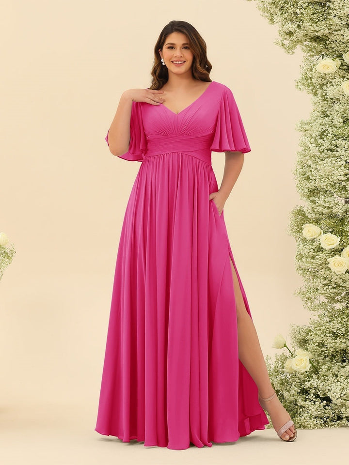 A-Line V-Neck Half Sleeves Plus Size Chiffon Bridesmaid Dresses With Split Side