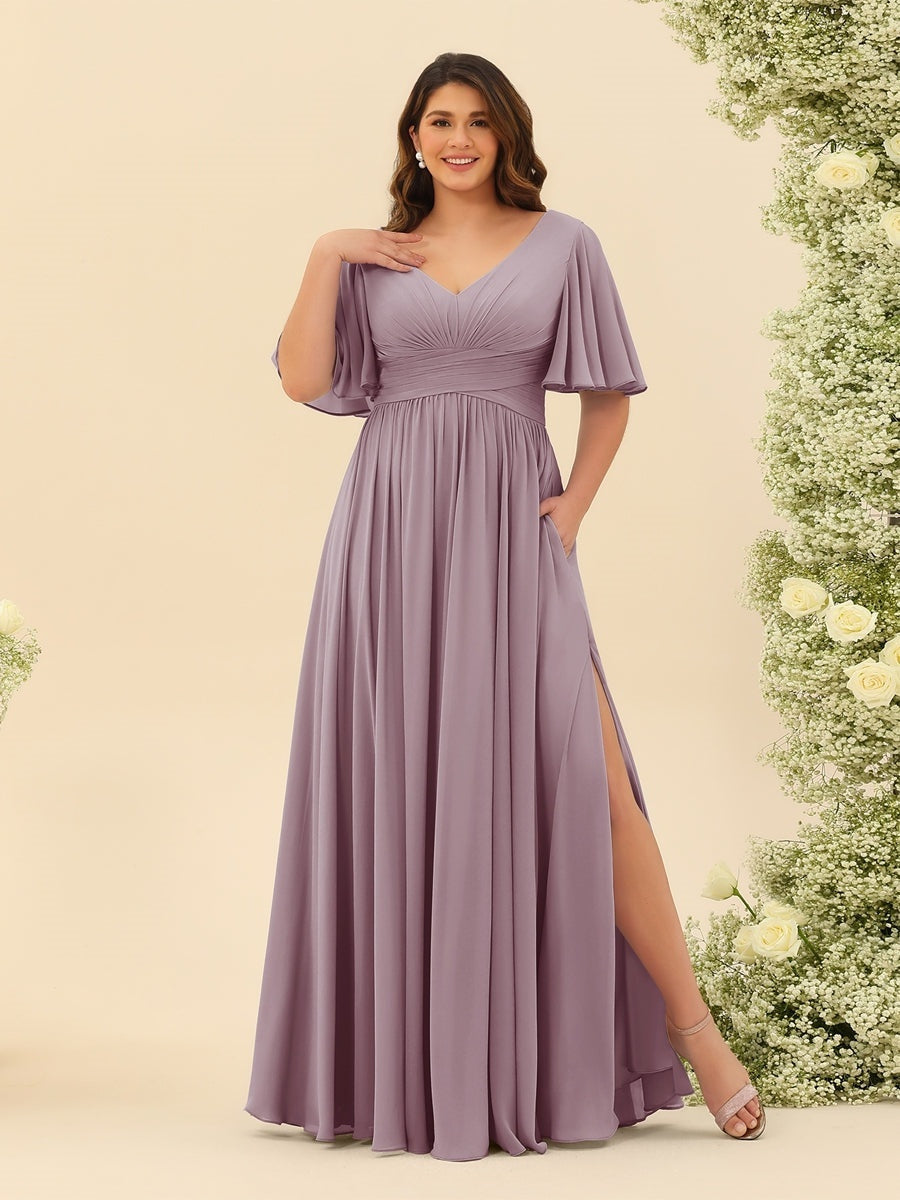 A-Line V-Neck Half Sleeves Plus Size Chiffon Bridesmaid Dresses With Split Side