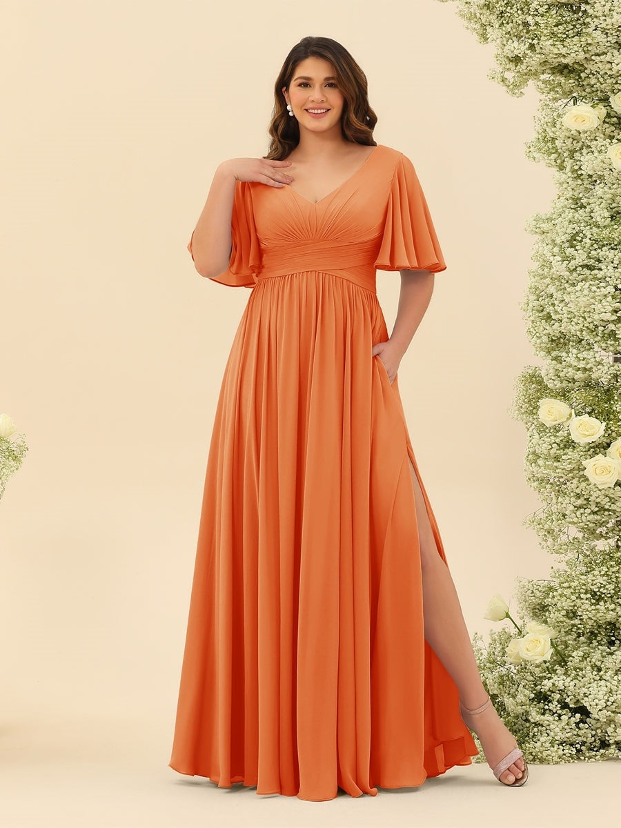 A-Line V-Neck Half Sleeves Plus Size Chiffon Bridesmaid Dresses With Split Side