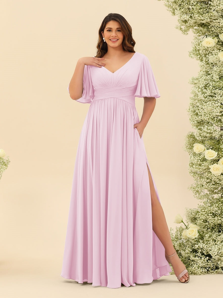 A-Line V-Neck Half Sleeves Plus Size Chiffon Bridesmaid Dresses With Split Side Pink A-Line V-Neck Half Sleeves Plus Size Chiffon Bridesmaid Dresses With Split Side Pink