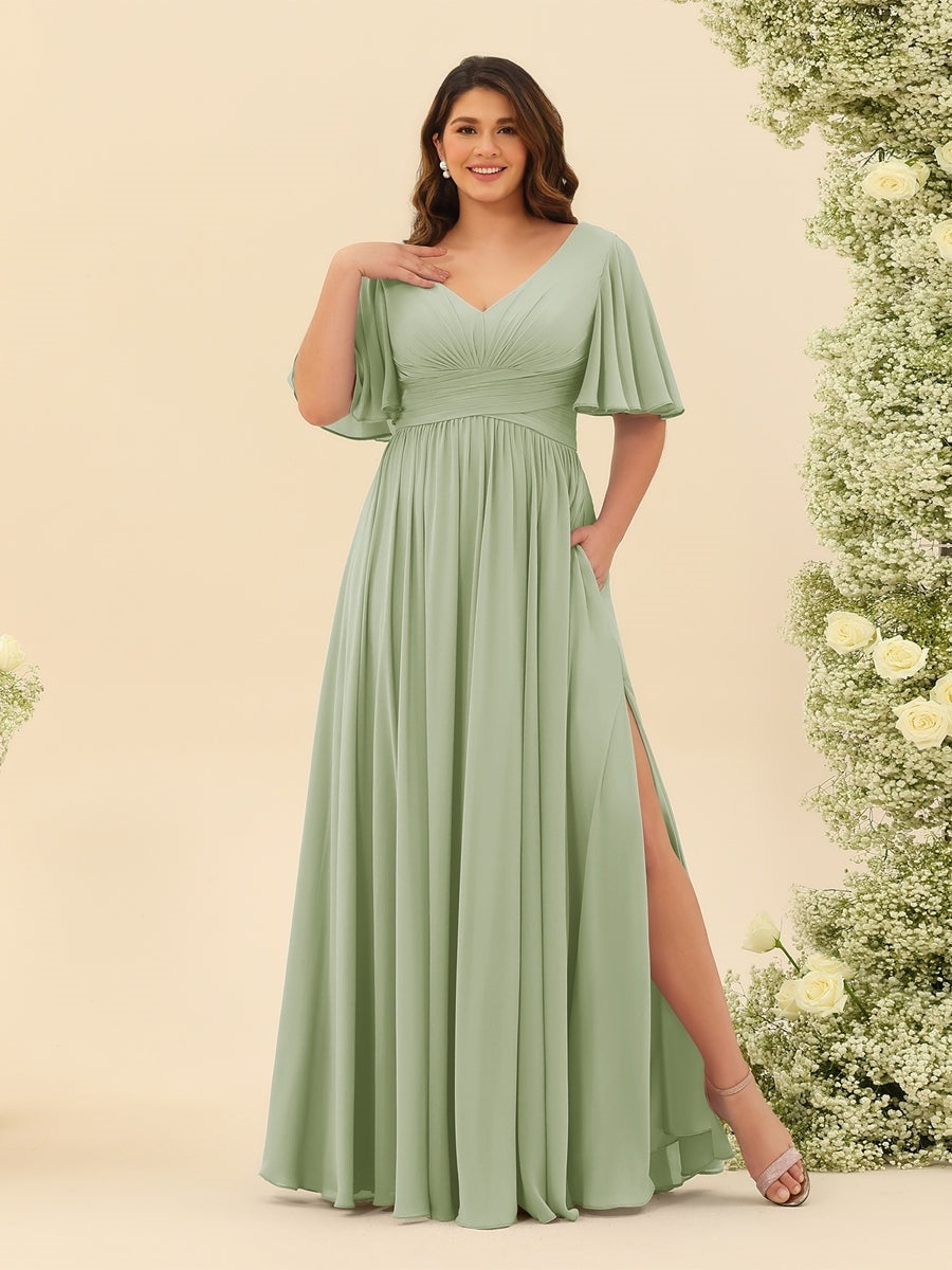 split sleeve bridesmaid dress Ever-Pretty Elegant Off Shoulder Short Sleeve Split Bandage Floor-Length Budget Bridesmaid Dress