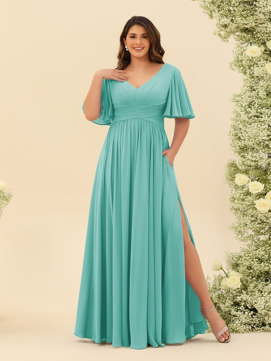 A-Line V-Neck Half Sleeves Plus Size Chiffon Bridesmaid Dresses With Split Side Spa