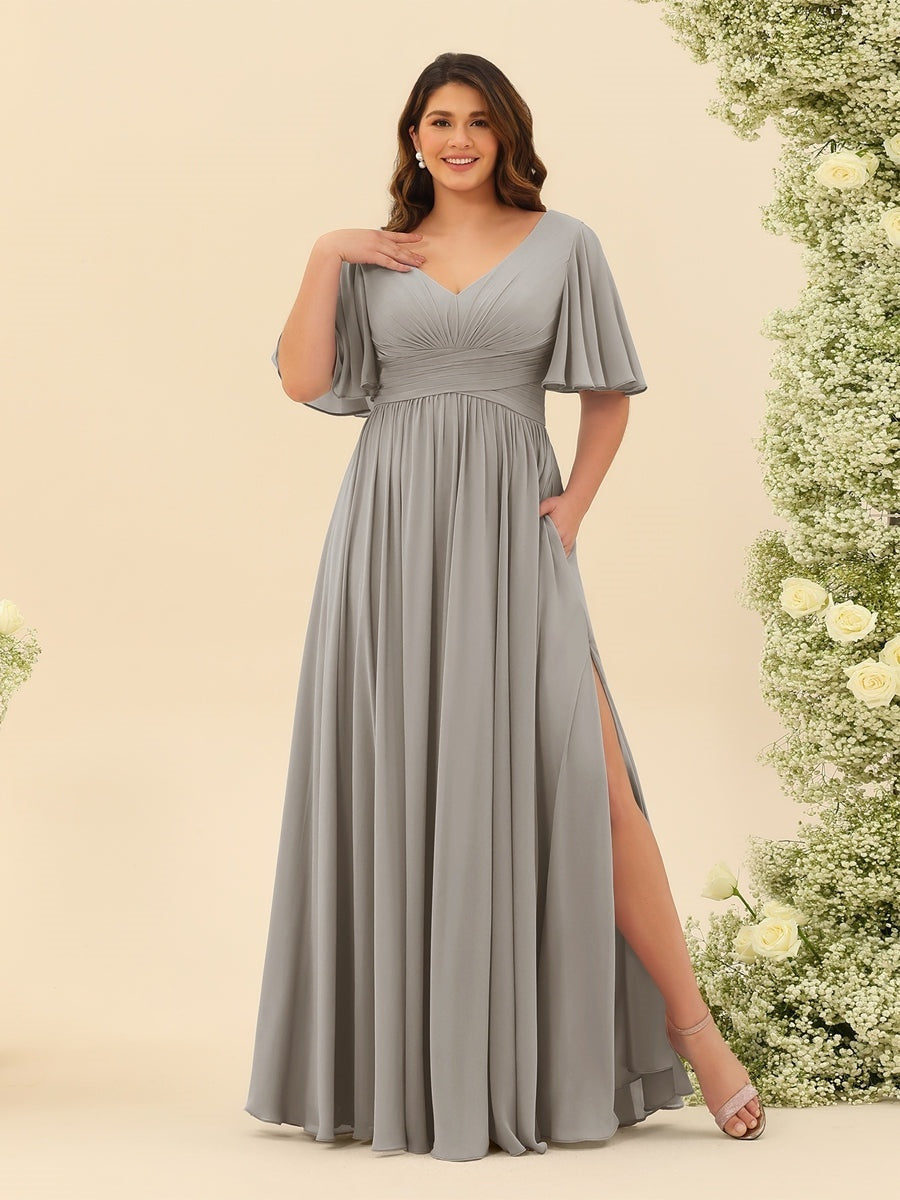 A-Line V-Neck Half Sleeves Plus Size Chiffon Bridesmaid Dresses With Split Side Silver